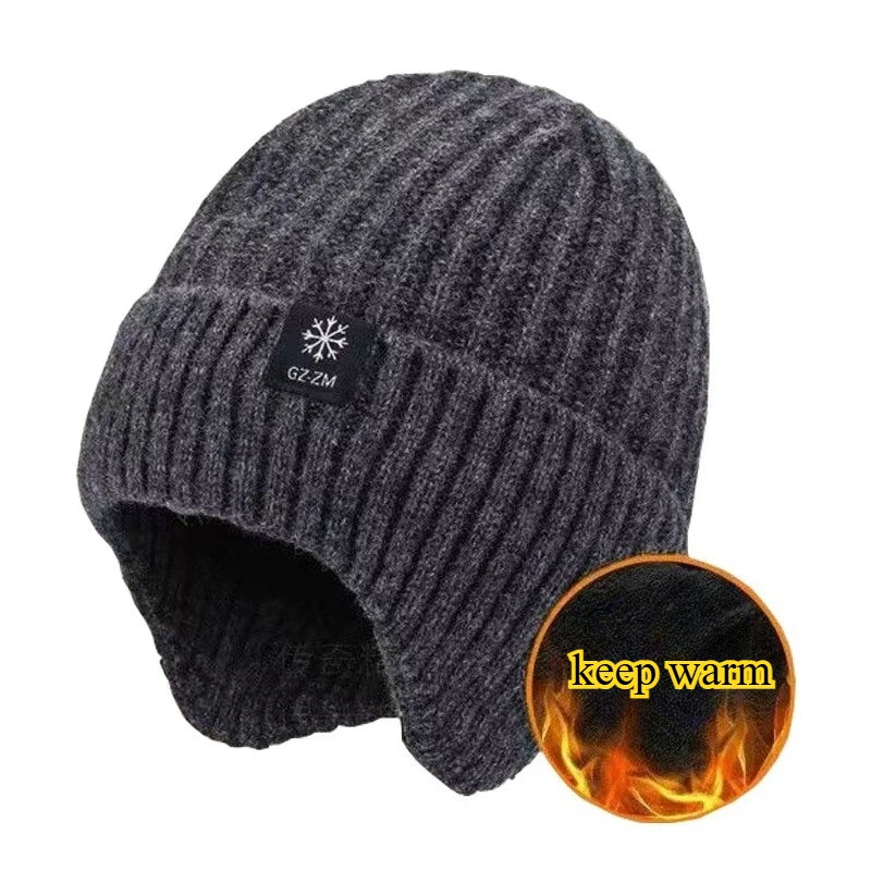 Outdoor Men Winter Knitted Hat Plush Warmth Peaked Cap Earmuff Casual Fashion Faux Fur Lined Bomber Hats Cycling Ear Protection