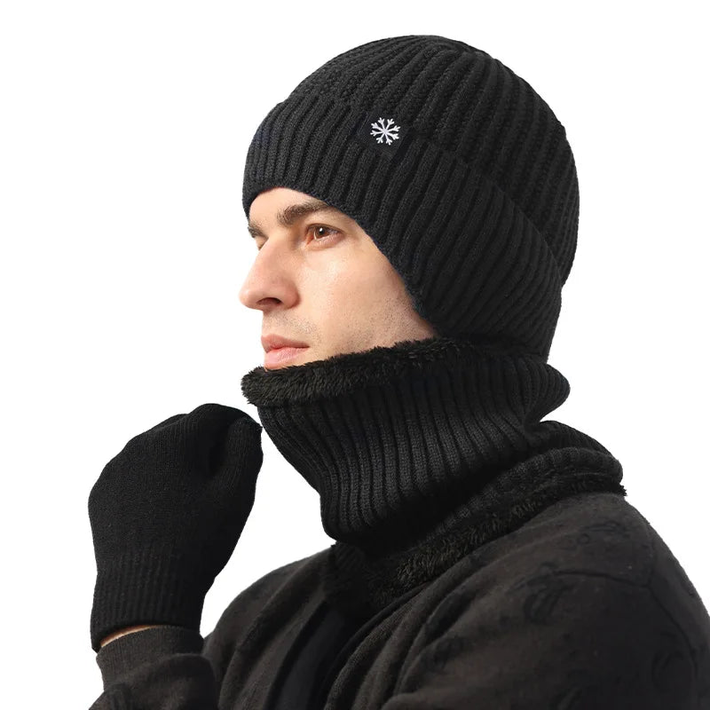 Outdoor Men Winter Knitted Hat Plush Warmth Peaked Cap Earmuff Casual Fashion Faux Fur Lined Bomber Hats Cycling Ear Protection
