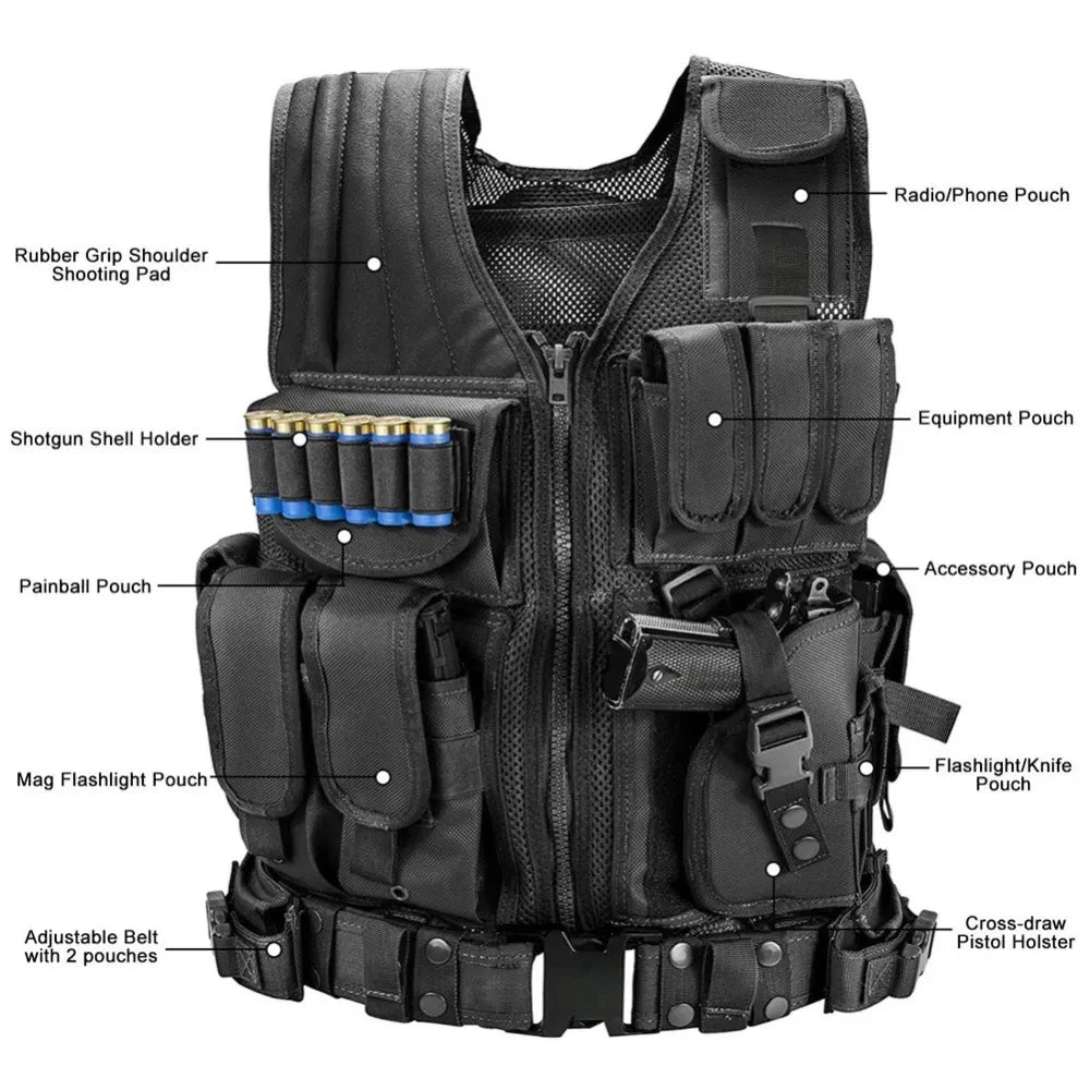 SWAT Army Tactical Vest Multi-Pocket Combat Body Armor for Hunting & Airsoft