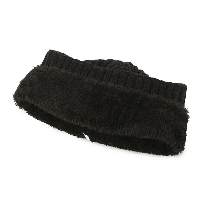 Outdoor Men Winter Knitted Hat Plush Warmth Peaked Cap Earmuff Casual Fashion Faux Fur Lined Bomber Hats Cycling Ear Protection
