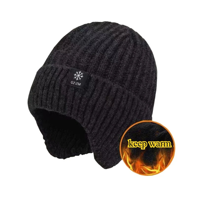 Outdoor Men Winter Knitted Hat Plush Warmth Peaked Cap Earmuff Casual Fashion Faux Fur Lined Bomber Hats Cycling Ear Protection